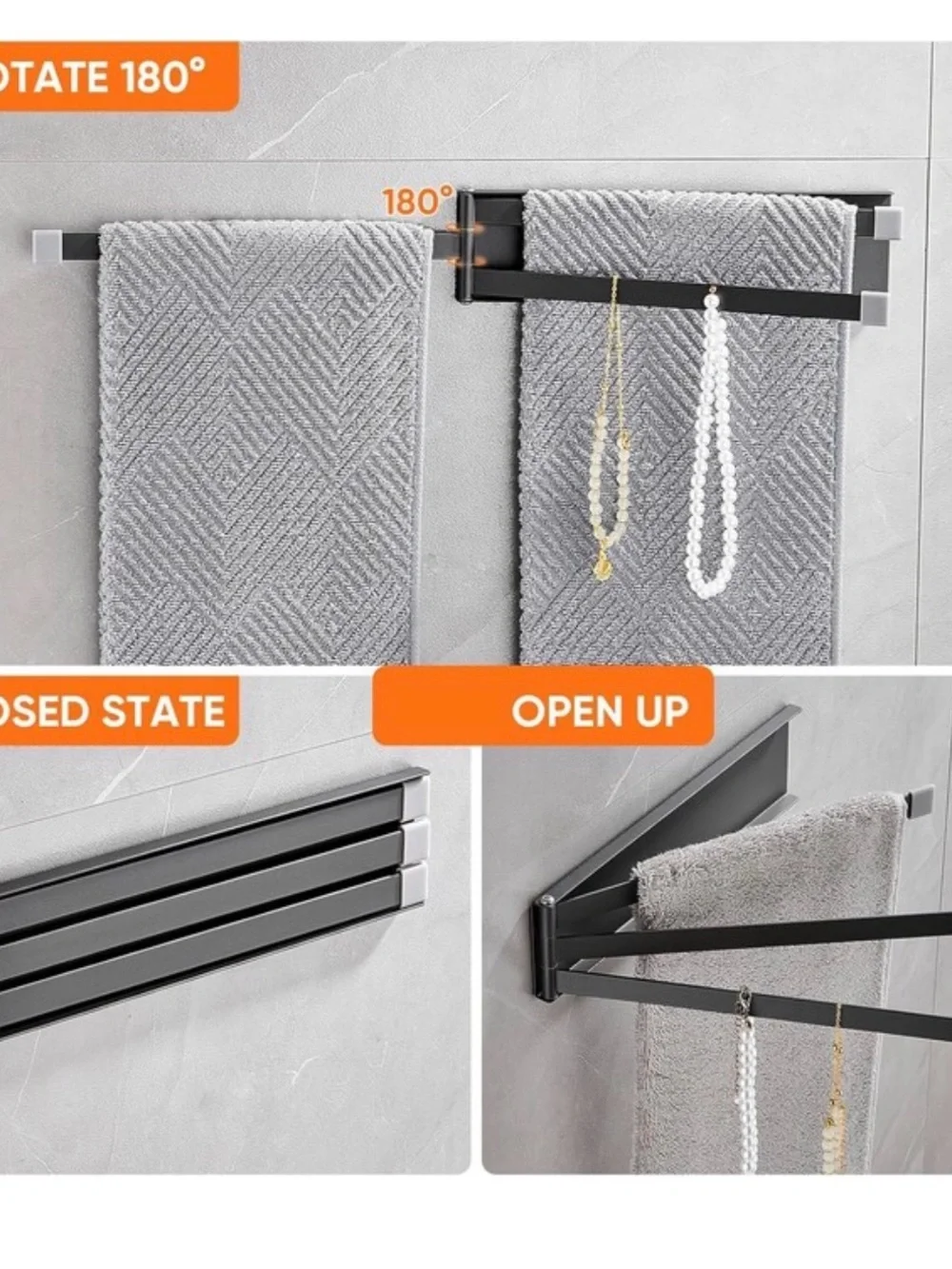 4-Arm Swivel Wall Towel Rack Swing Out Organizer in Gray
